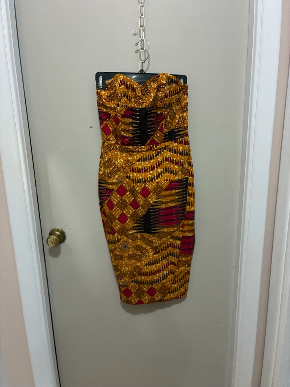 D’iyanu Strapless Bodycon Dress in Mustard & Burgundy African Print